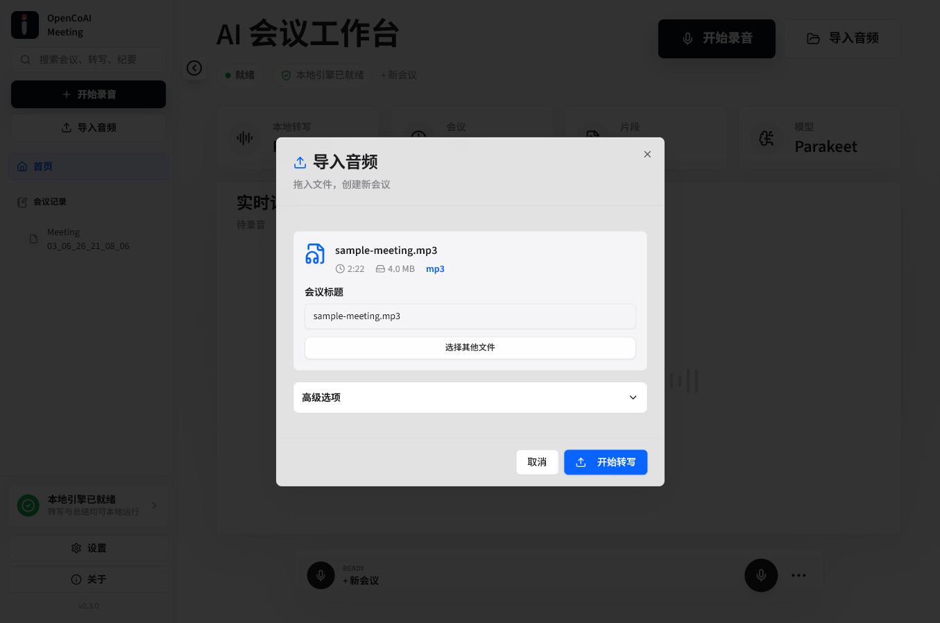 OpenCoAI Meeting 音频导入运行截图